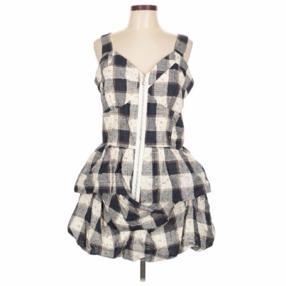 NWT! Yumi Plaid & Floral Cotton Zip Front Bubble Skirt Mini Dress. Size Large.